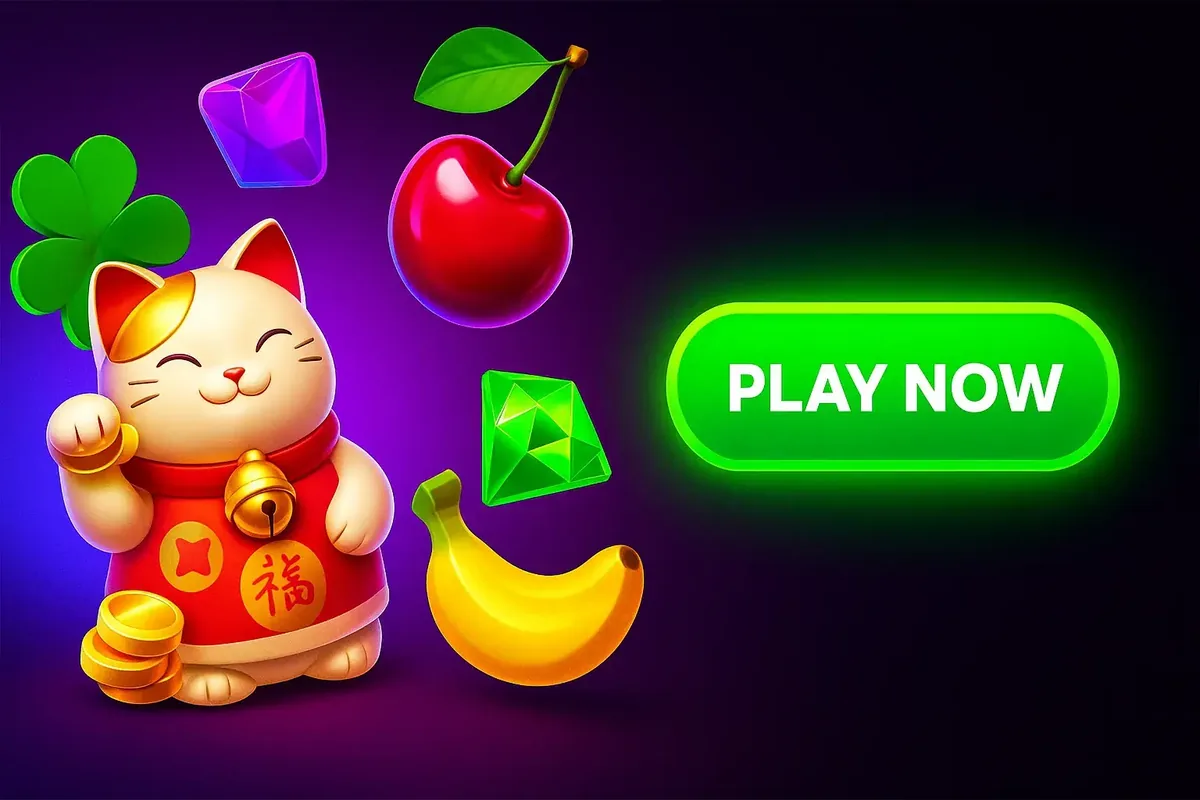 Mummys Gold Lucky Cat Play Now - Lucky Cat Mascot with Play Now Button